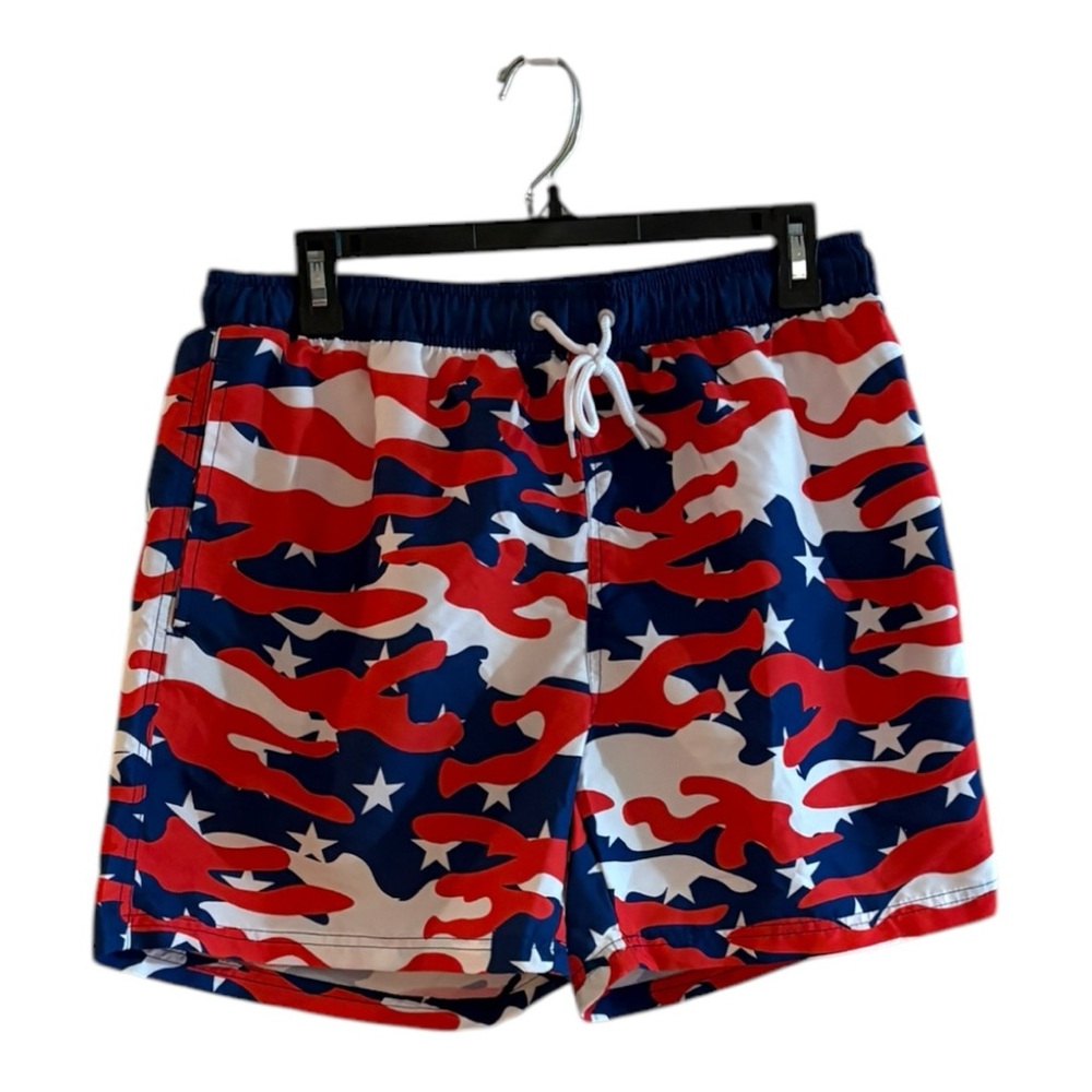 Red and White Camouflage Swim Trunks with Elastic Waistband M 32/34
